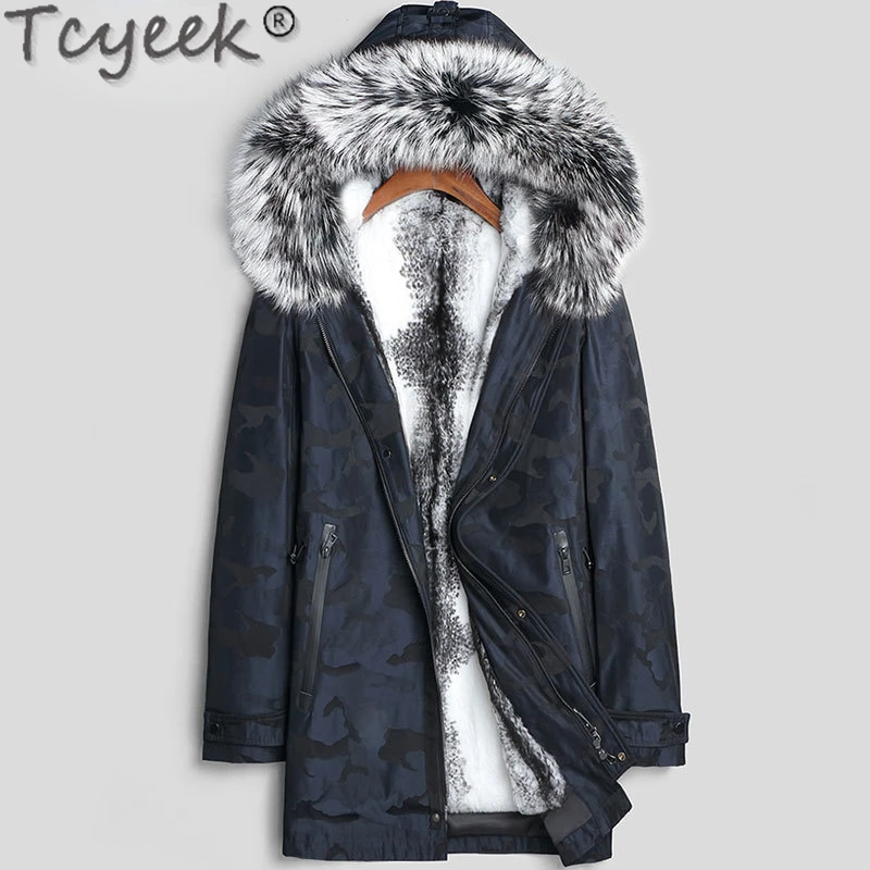 

Tcyeek Mid-length Parka Hooded Winter Warm Fox Fur Collar Fashion Fur Jacket Men Clothing Rex Rabbit Fur Liner Jacket Man Slim