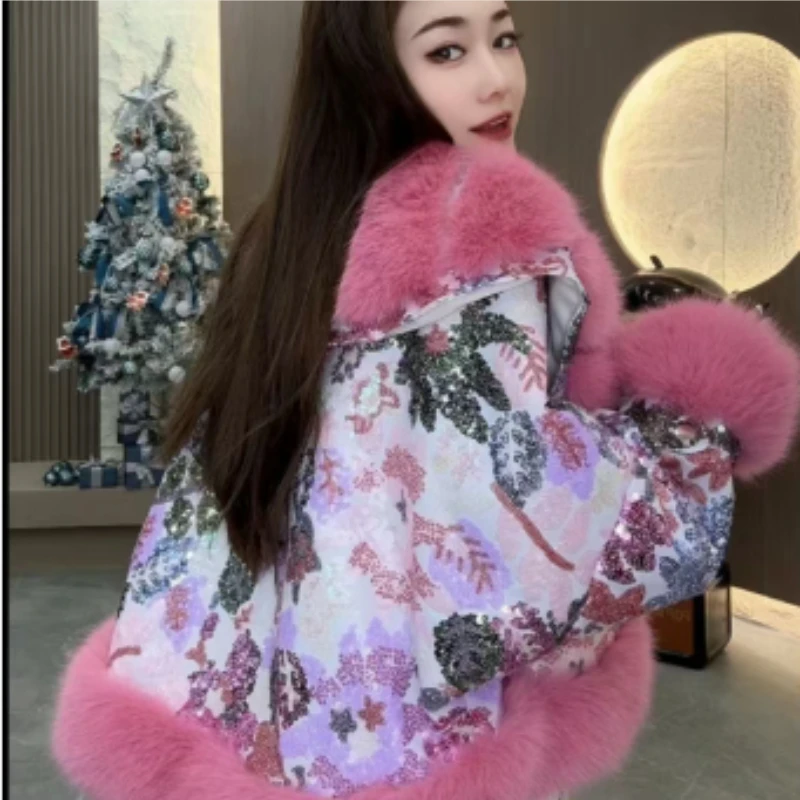 Outcoat La nouvelle veste rembourrée en coton en fourrure comprend des vêtements d'extérieur à paillettes lourdes en simili cuir doux et un manteau de fourrure épais élégant