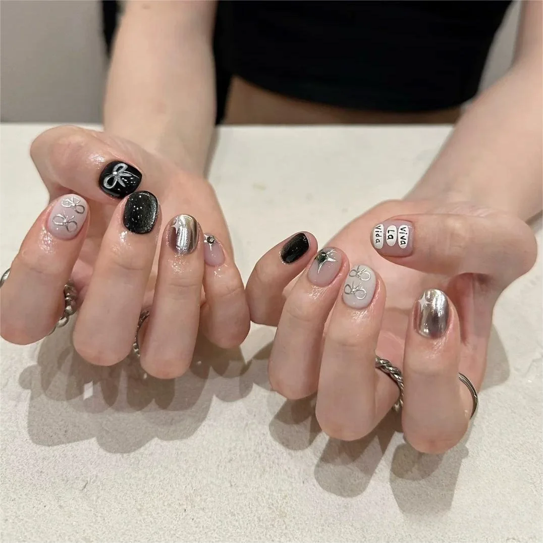10개입 블랙 스퀘어 핸드메이드 프레스온 네일 펄 장식 인조 손톱 네일팁