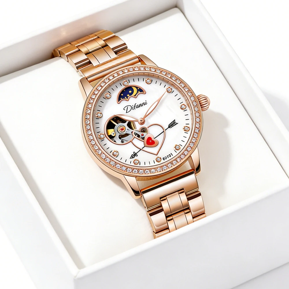 

Fashion Ladies' Watch Love Skeleton Mechanical Watch Rose Gold Stainless Steel Strap Waterproof Elegant Automatic Womens Watches