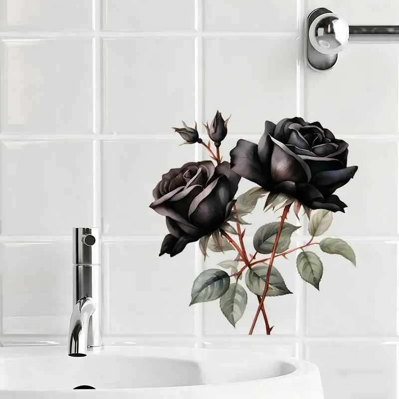 Black Rose Wall Sticker Toilet Lid Stickers, Bedroom Entrance Living Room Porch Home Decora Waterproof Decals S1026