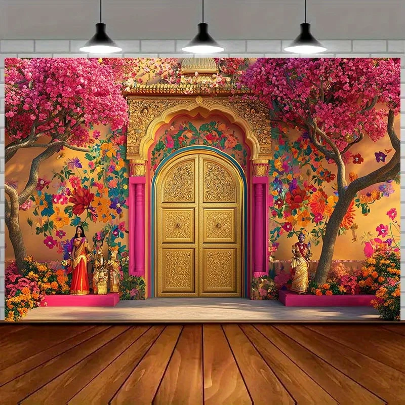 1pc,Indian Wedding Mandap Golden Door Floral Trees 2DFlat Tapestry Backdrop For Hindu Ceremony PhotoBooth Wall Hanging Art Print