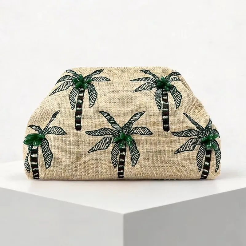 2026 Spring/Summer New Coconut Tree Embroidered Linen Clutch Bag Retro Linen Weaving Beach Vacation Style Folded Cloud Clip Bag
