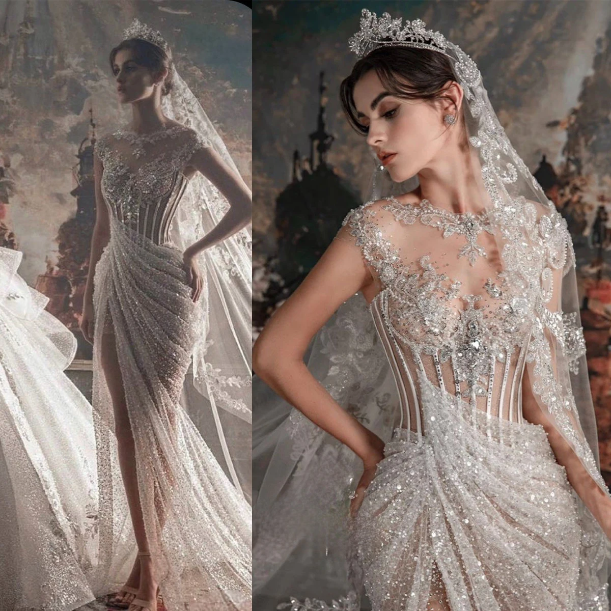 Shining Mermaid Wedding Dresses Jewel Appliques Beads Sequins Side Split Pleats Sweep Train Bridal Customized Robe De Mariée