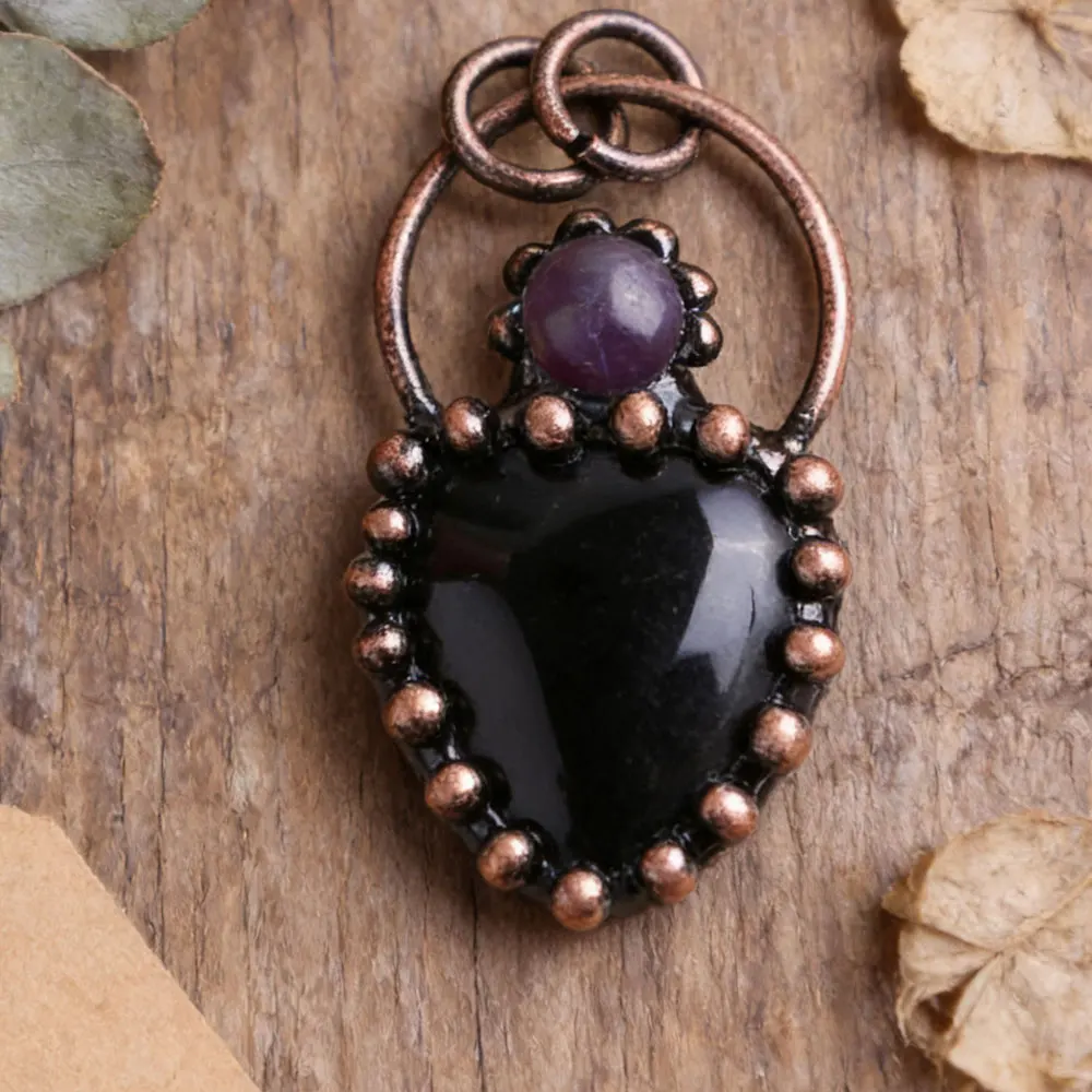 Colgante de Cristal con Forma de Corazón Vintage, Piedra Preciosa Natural para la Fabricación de Joyas, Amatistas cuarzo rosado de Obsidiana Negra, cuarzo  Dijes piedras naturales preciosas para bisuteria