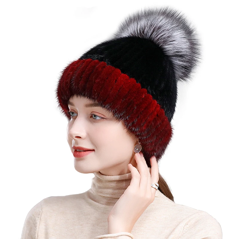 

Hot Sale Genuine Real Natural Knitted Mink Fur Hat Fashion Winter Warm Women Knit Caps Mink Hats With FOX Fur Vertical Woven Top