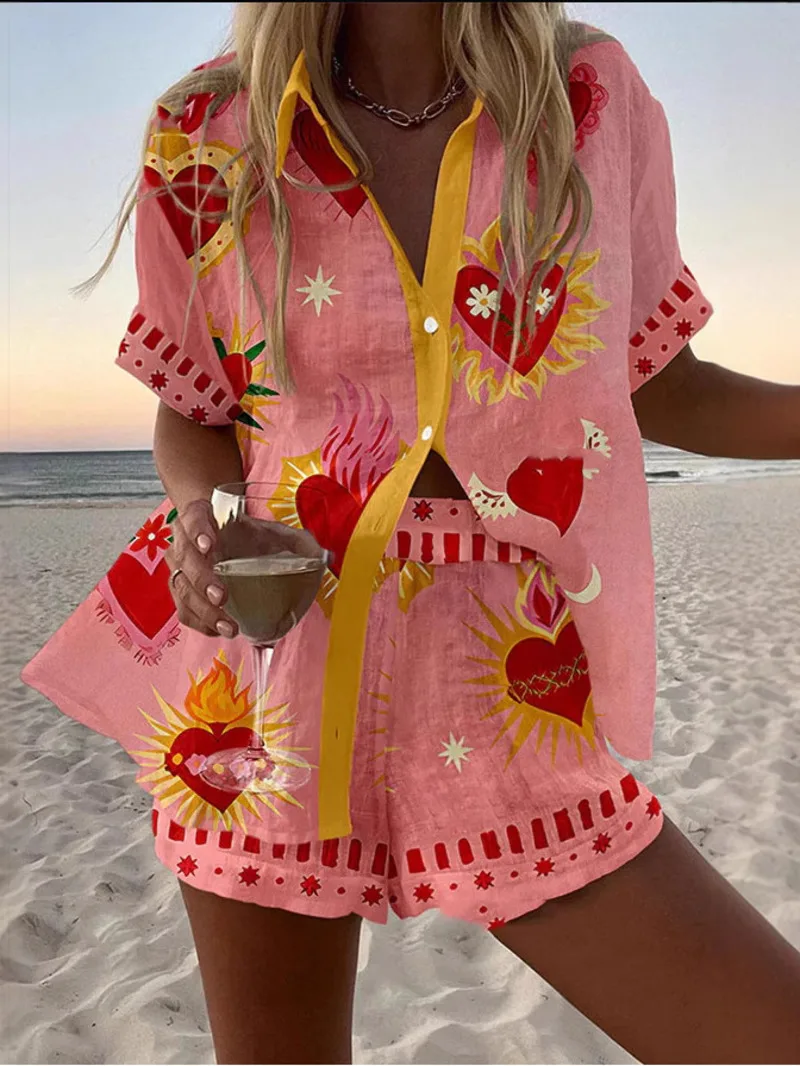 패션 프린트 비치 홀리데이 2 피스 세트 여성 여름 짧은 소매 셔츠 탑 + 넓은 다리 짧은 여성 오버 사이즈 투피스 의상 L9A