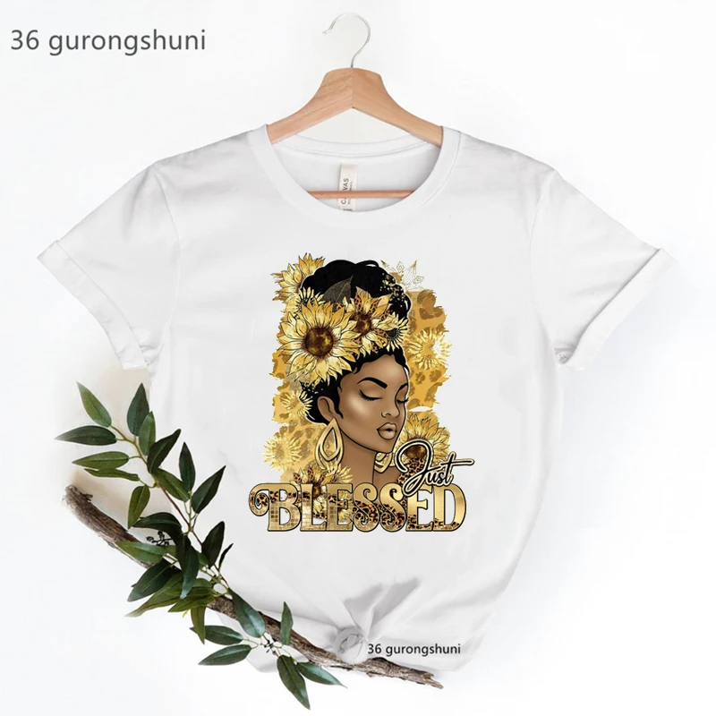 Gold Glitter Just Blessed Graphic Print T-Shirt Women'S Clothing Black Girls Magic Tshirt Femme Sunflower Melanin T-Shirt Female