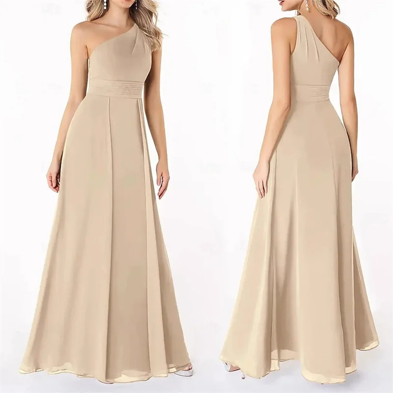 

A Line Chiffon Bridesmaid Dresses One Shouder Drap Pleat Elegant Wedding Party Formal Prom Evening Zipper Back