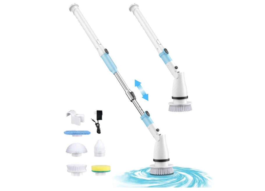 Electric Spin Scrubber, Cordless Shower Brush with 5 Replaceable Cleaning Heads and Adjustable Extension Arm, for Bathtub, Floor