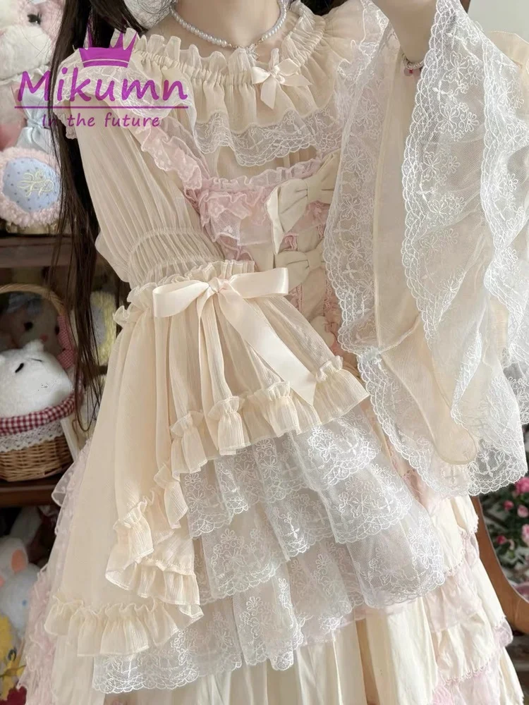 Mikumn-blusas Harajuku Y2k Lolita para Mujer, camisas de manga acampanada con volantes de lazo de encaje dulce victoriano, camisa japonesa Kawaii,