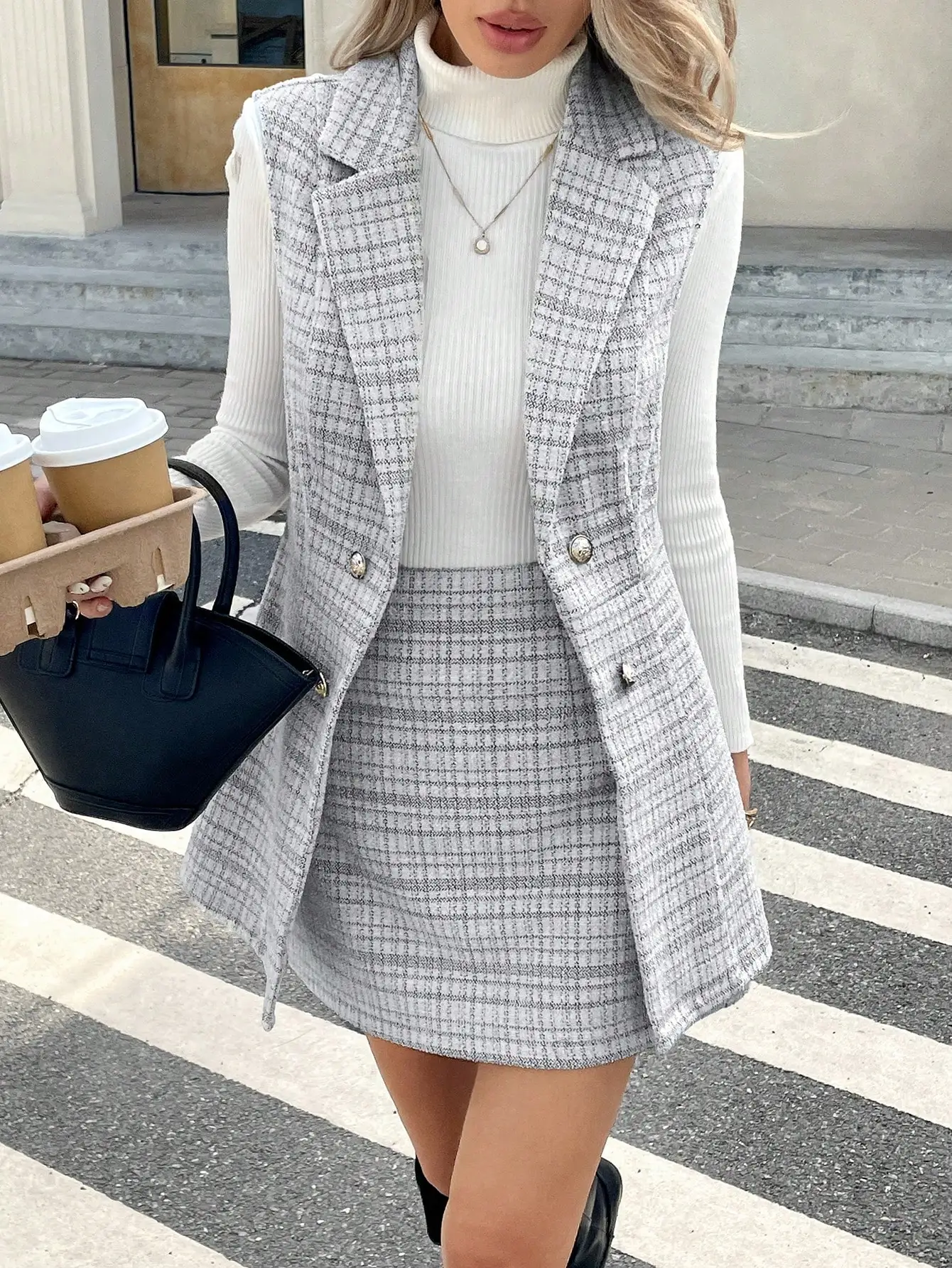 Women's Gray Plaid Tweed Vest & A-Line Skirt 2-Piece Set, Double-Breasted, Office to Casual