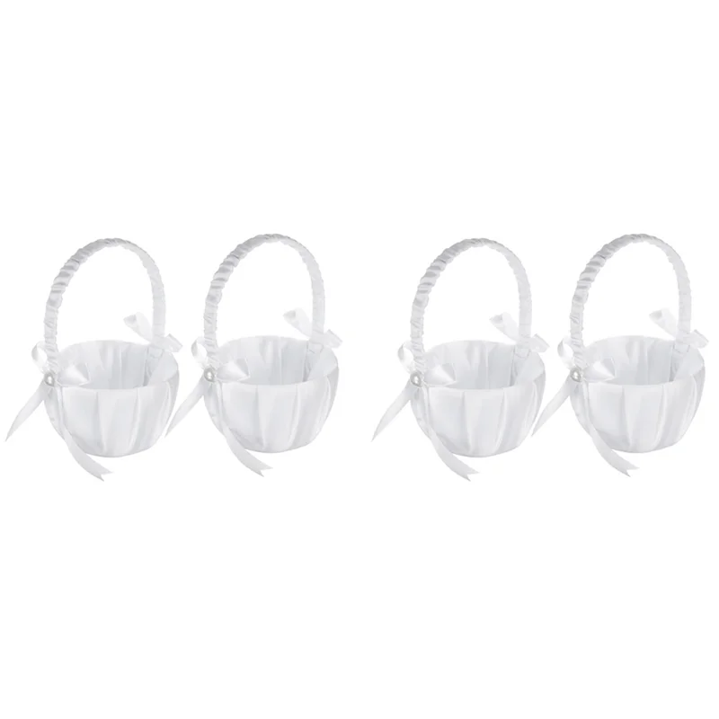 YWDZ-4 Pack Wedding Satin Flower Basket,Romantic Bowknot Party Rose Flower Girl Basket