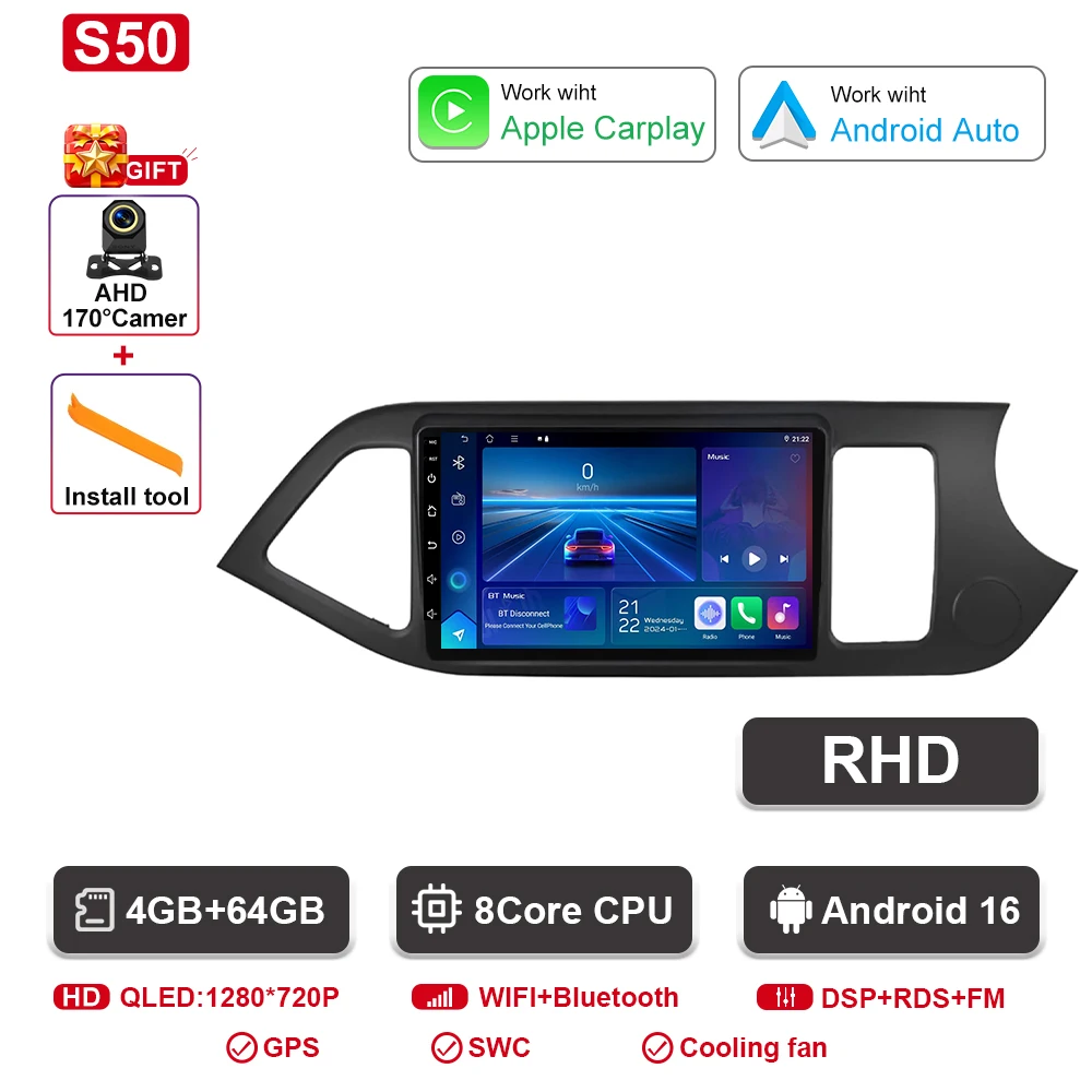 Android 16 Voor KIA PICANTO Ochtend 2011 2012 2013 2014 2015 2016 Carplay Auto Multimedia Autoradio Navigatie Speler WIFI + 4G DSP