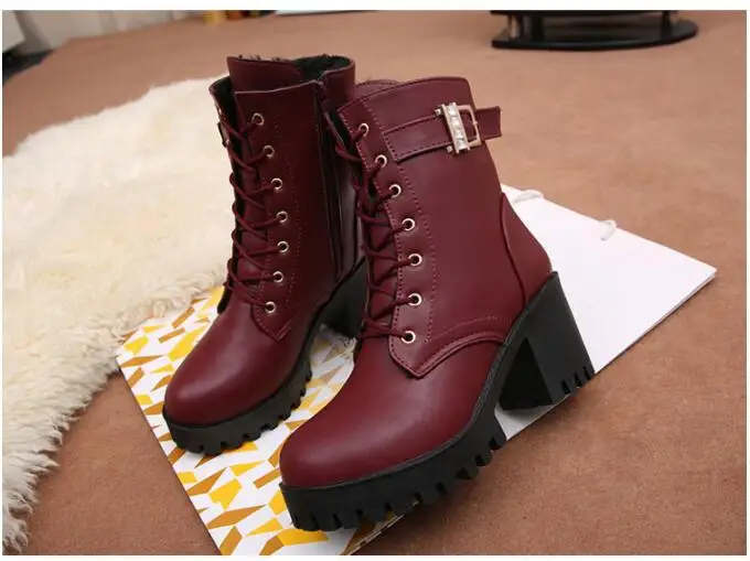 Hot Sale 2022 Women Boots Lace Up Flat Biker  Wine Red Boots Shoes Buckle Woman Botas Women Boots