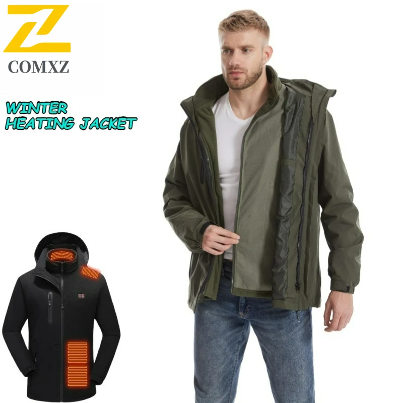 COMXZ cortavientos con calefacción inteligente de 15 zonas para hombre, chaqueta térmica de lana 3 en 1, abrigo impermeable con calefacción USB para invierno, caza en nieve y tiro con arco ​
