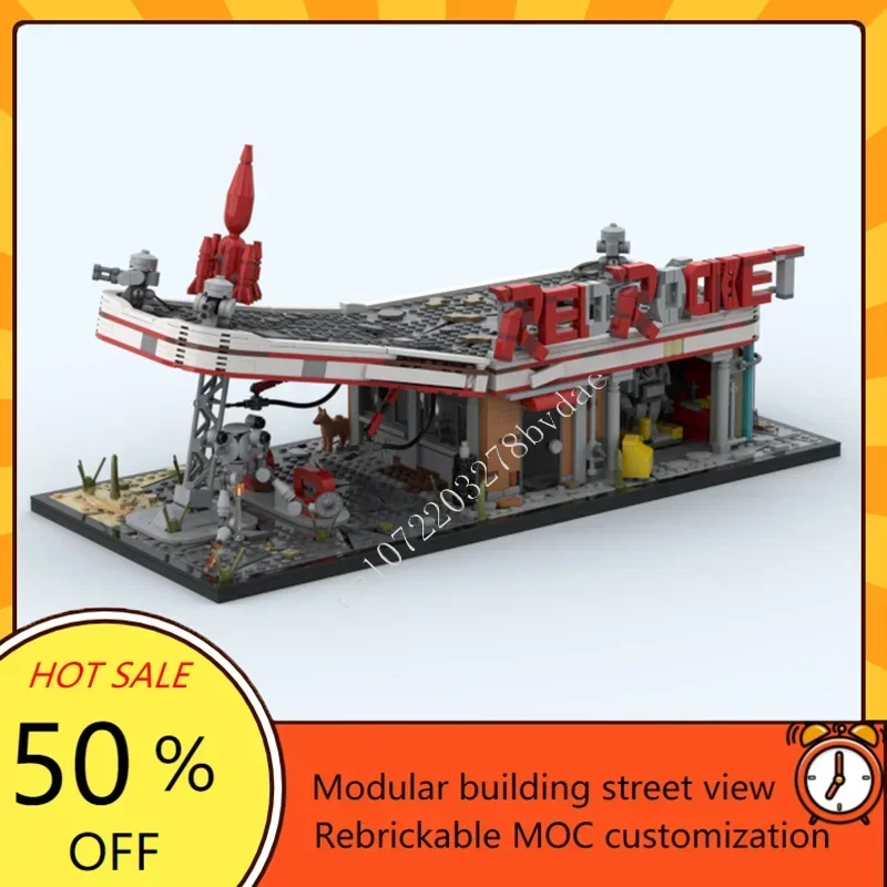 2020PCS Red Rocket Gas Station Modular MOC Creative street view Model Custom Puzzles DIY Education Assembly Model Gifts