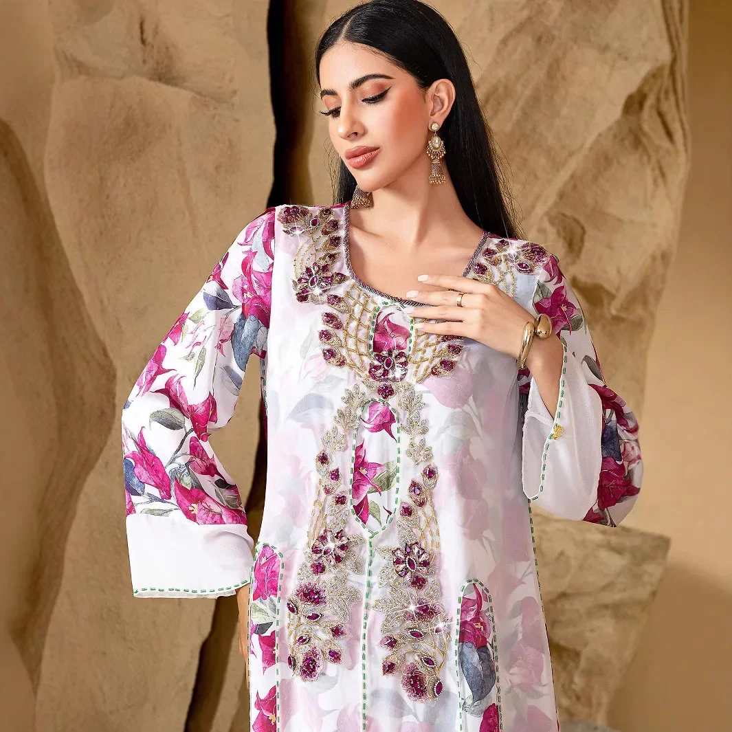 

New Diamonds Abaya Dubai Floral Print Jalabiya Women Muslim Hijab Dress Turkey Kaftan Eid Djellaba Caftan Marocain Femme Robe