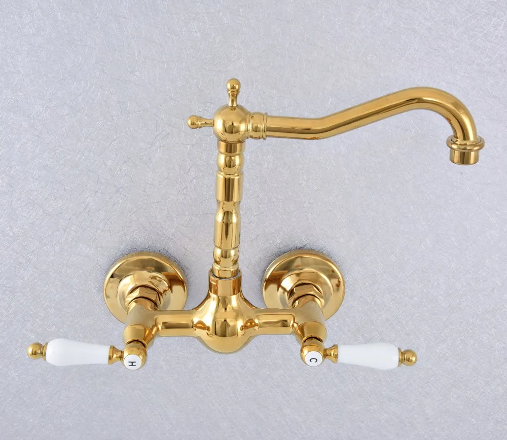 Imagem -05 - Dual Handle Duals Buraco de Parede Torneira da Bacia Golden Brass Vaidade do Banheiro Pia da Cozinha Torneiras de Água Fria e Quente Dsf616