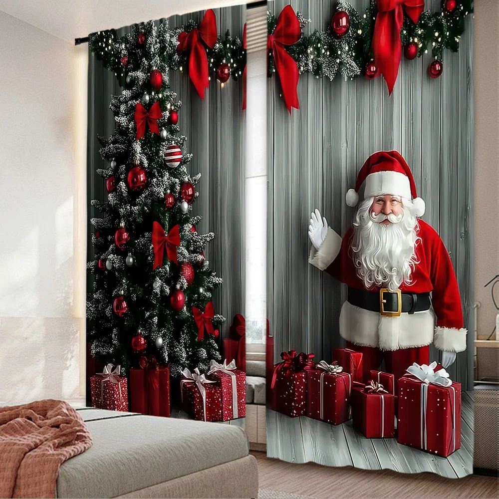 2 Stück 2D-Flachdruck Frohe Weihnachten Vorhänge Festliche Jubel Digitaldruck Polyester Vorhänge Familienfeier Dekoration für