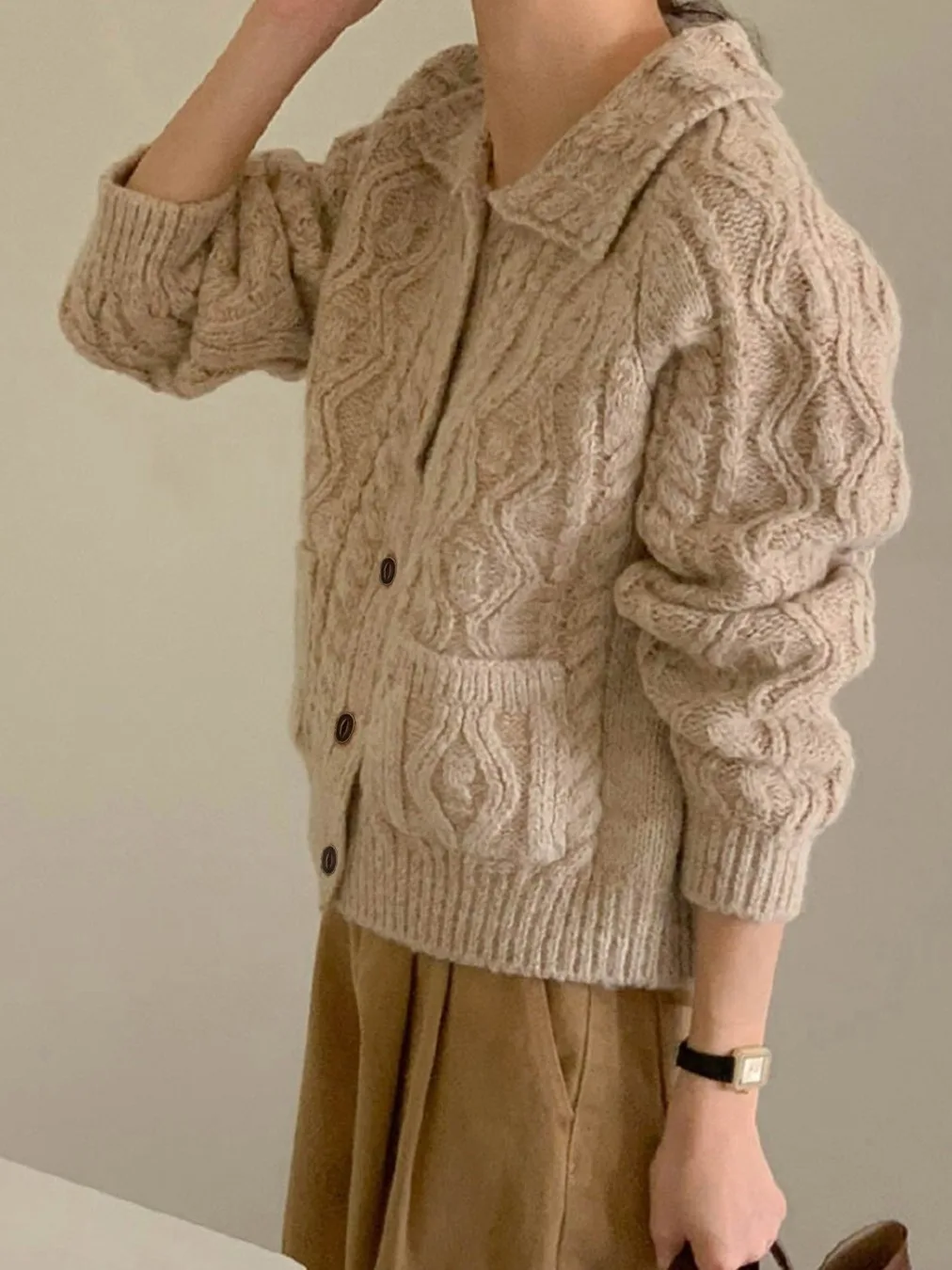 

Thiened Knitted Sweater Coat Women's Vintage Sle Single Button Flip Collar Knitwear Trendy Cardigan Outerwear for Autumn ...