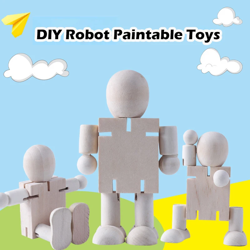 Creative Wooden DIY White Blank Robot Can Be Hand Painted Doodle Toy Funny Cute Joint Puppet Children Puzzle Toys Birthday Gift