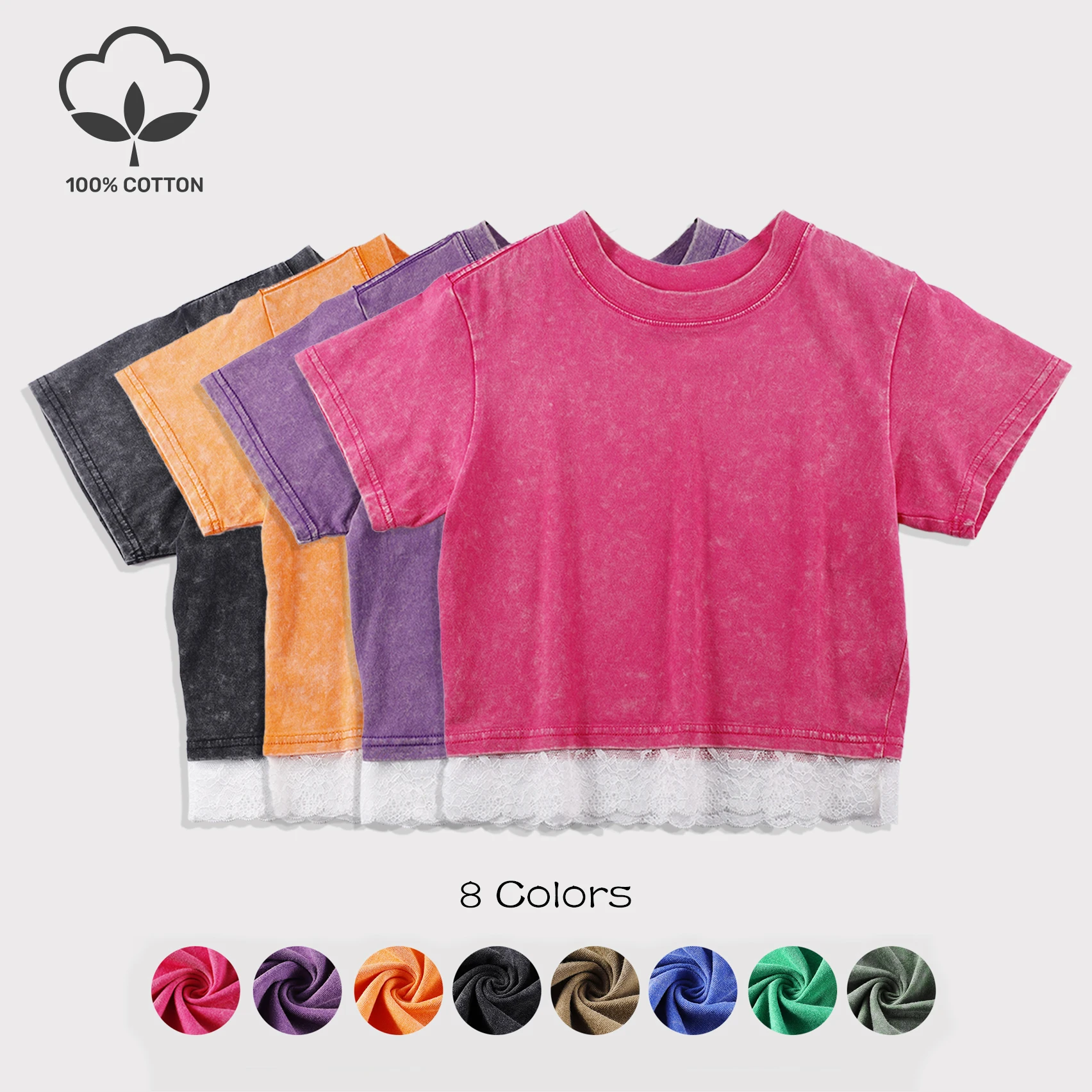 100 % Baumwolle Damen Solide gewaschene T-Shirts Trend Sommer Spitzensaum Crop Tops Distressed O-Ausschnitt Kurzarm T-Shirts Lässige Basic-Kleidung