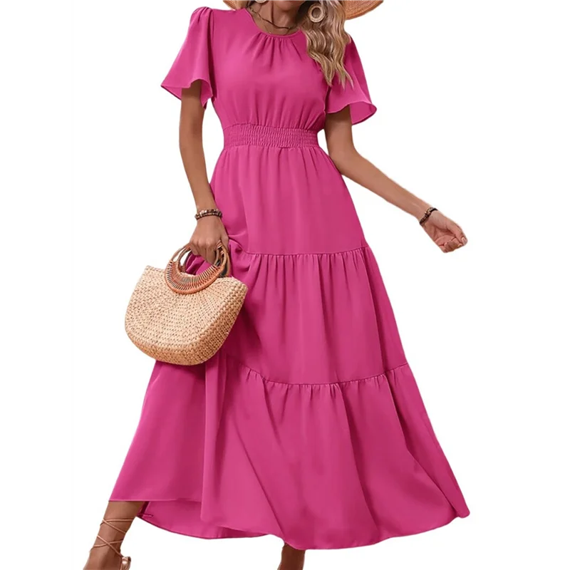 ABRT-femmes été décontracté manches courtes flottantes col rond taille smockée à plusieurs niveaux Boho Floral robe Maxi fluide