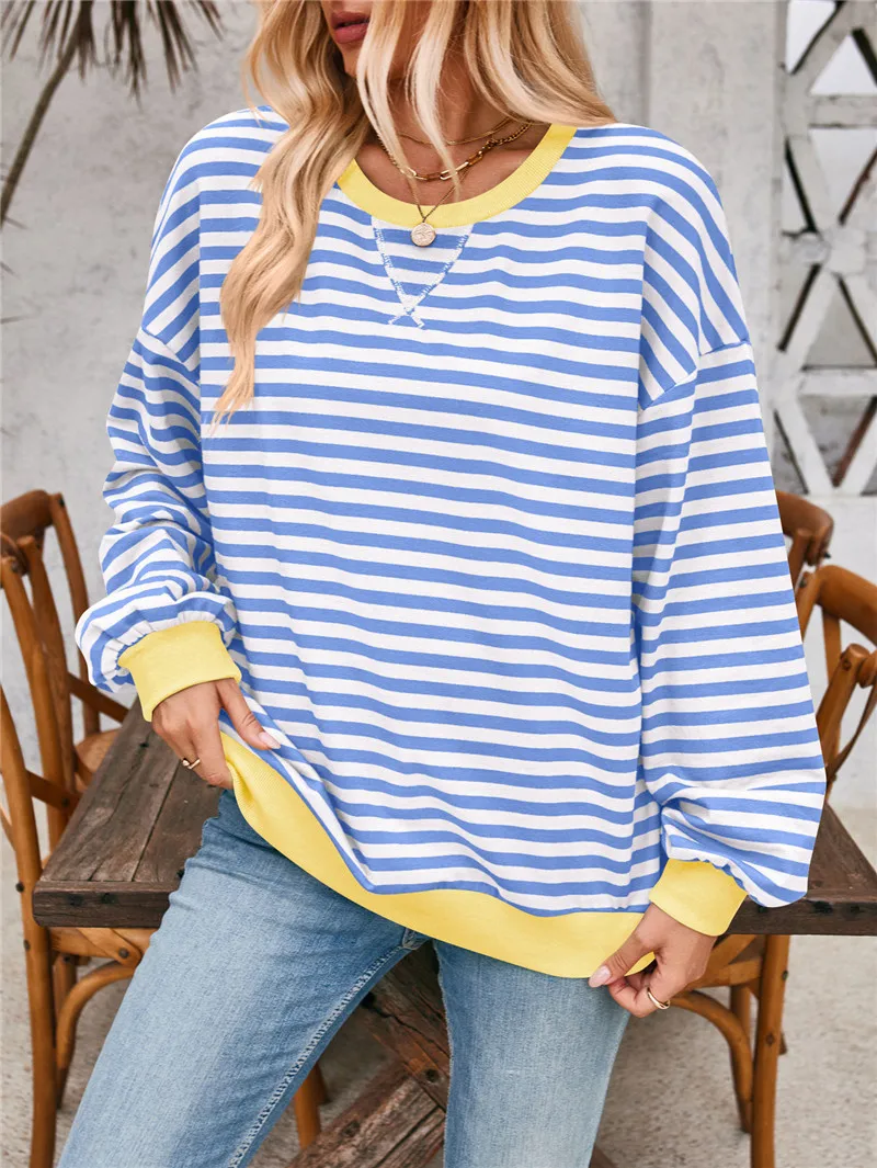 

Vsstiar Long Sleeve O Neck Sweatshirt For Women Fashion Patchwork Striped Loose Casual Hoodies Elegant Female Pullovers Tops