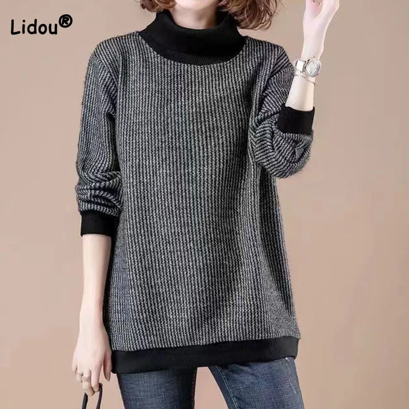 

Women's Clothing Fashion Commute Turtleneck Spliced Tops Autumn Winter Thick Simplicity Long Sleeve Striped Pullovers for Female