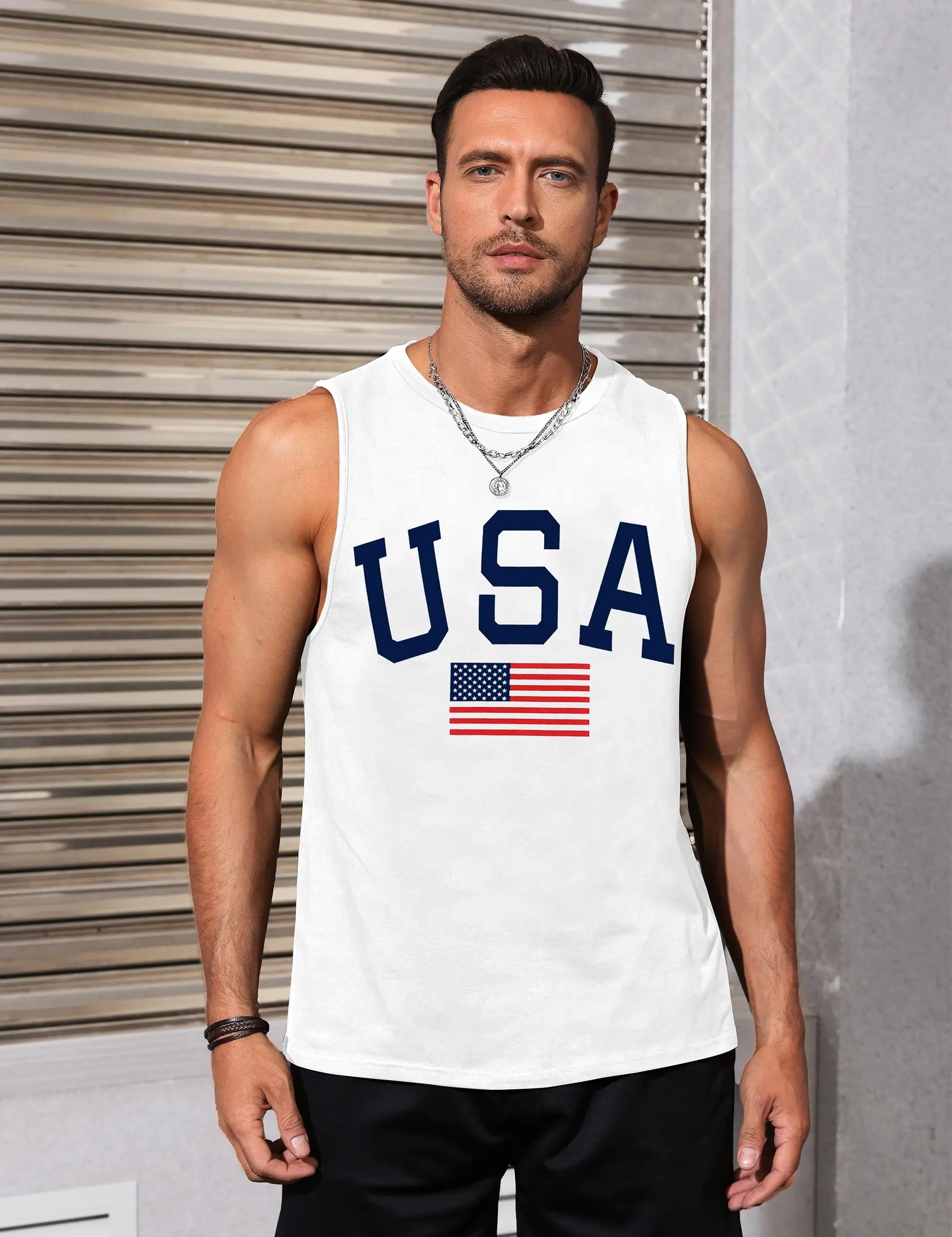 Sporty style Men American flag print Loose summer fashion Fitness sleeveless shirt Vintage oversized crew neck T-shirt vest