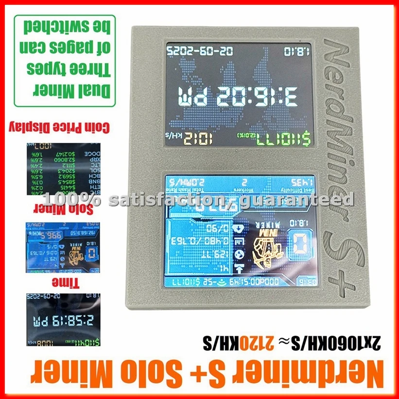 

Nerdminer S+ Solo Miner с двумя экранами, 2x1060KH/S, отображение данных о майнинге/времени/цене монет, BTC Crypto Win 3.125 BTC-A86Z