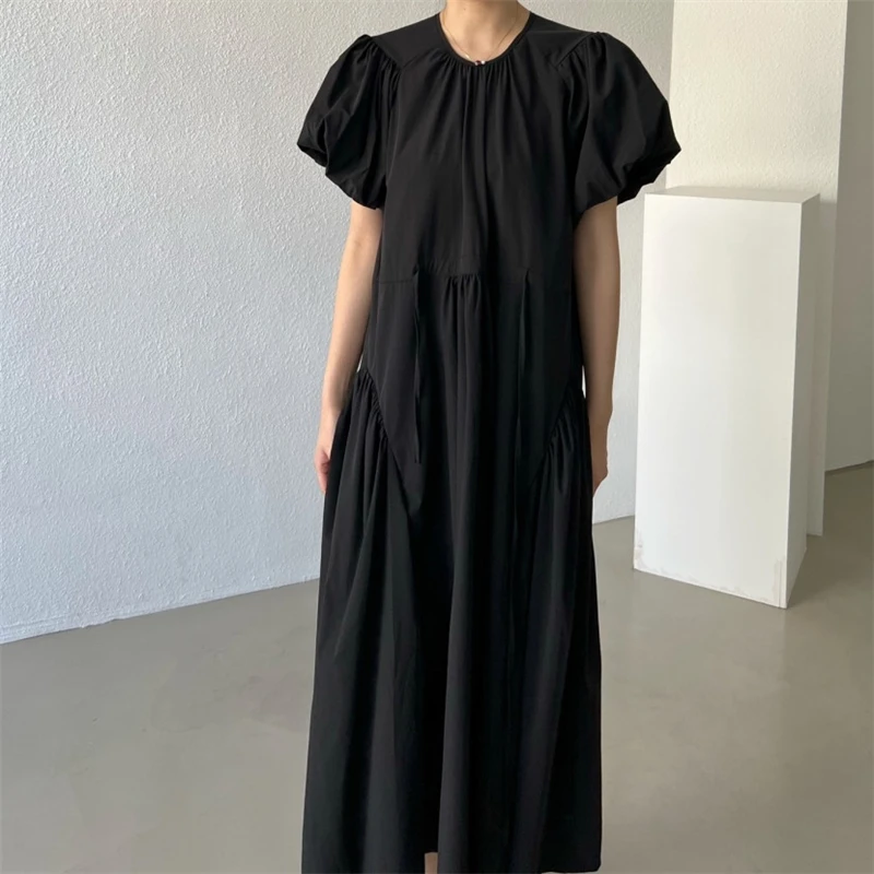 REALEFT Summer Vintage Puff Sleeve Women\'s Long Dresses 2024 New O-Neck Korean Straight Casual Loose Dresses Female