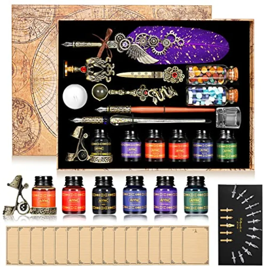 

Набор для письма перьевой ручкой: деревянная перьевая ручка, стеклянная перьевая ручка, 6 флаконов чернил, 16 листов бумаги, 2 конверта, 17 перьев, держатель для ручки, 2 стилуса.