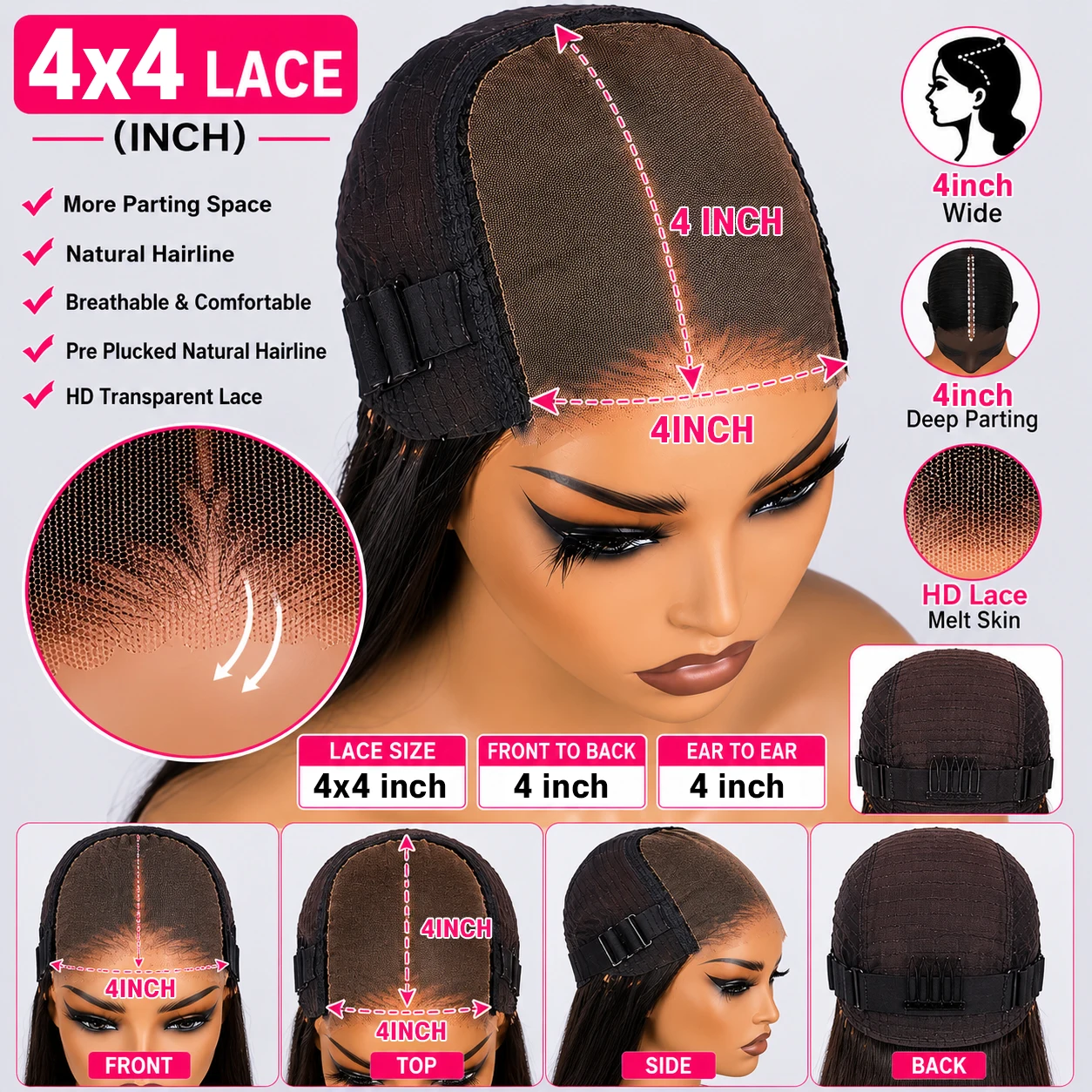 Glueless Wigs Human Hair Pre Plucked Pre Cut 4x4 Hd Lace Closure Wigs 34 Inch Straight Human Hair Wig For Women 250 Density Wear And Go Glueless Wigs For Beginner image 4