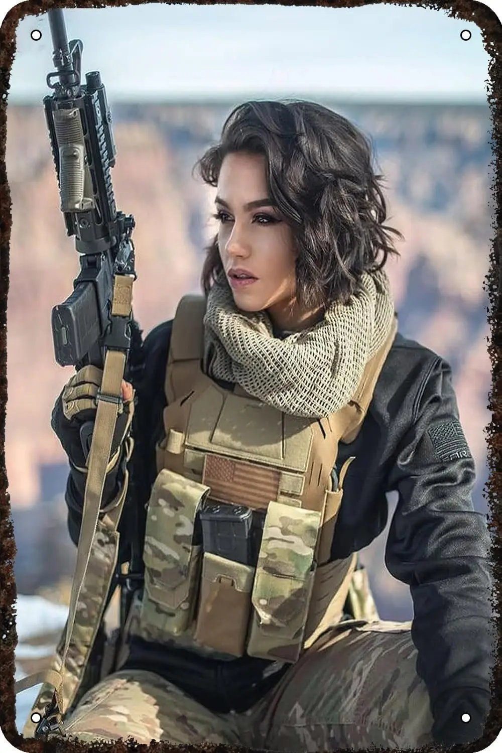 Metal Signs Army Pin Up Girl Sexy Lady Military Female Soldier With Submachine Gun Vintage Tin Sign Funny Art Wall Decorati sign