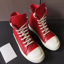 Women's Shoes Leather Sneakers High Top Red Men's Casual Shoes Popular Lace-up Rubber O-wen Women's Boots