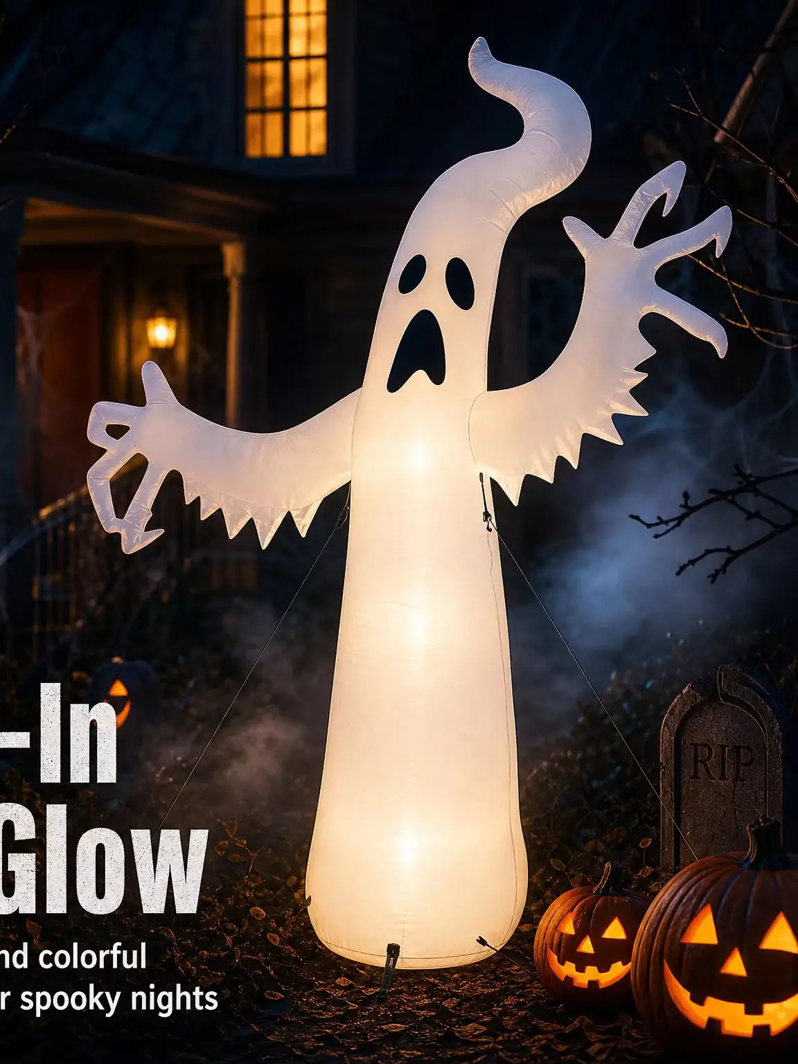 Duża dmuchana dekoracja na Halloween w kształcie ducha, stojąca dekoracja ogrodowa w kształcie ducha, rekwizyt na imprezę halloweenową na trawniku lub w ogrodzie z PVC. — 2