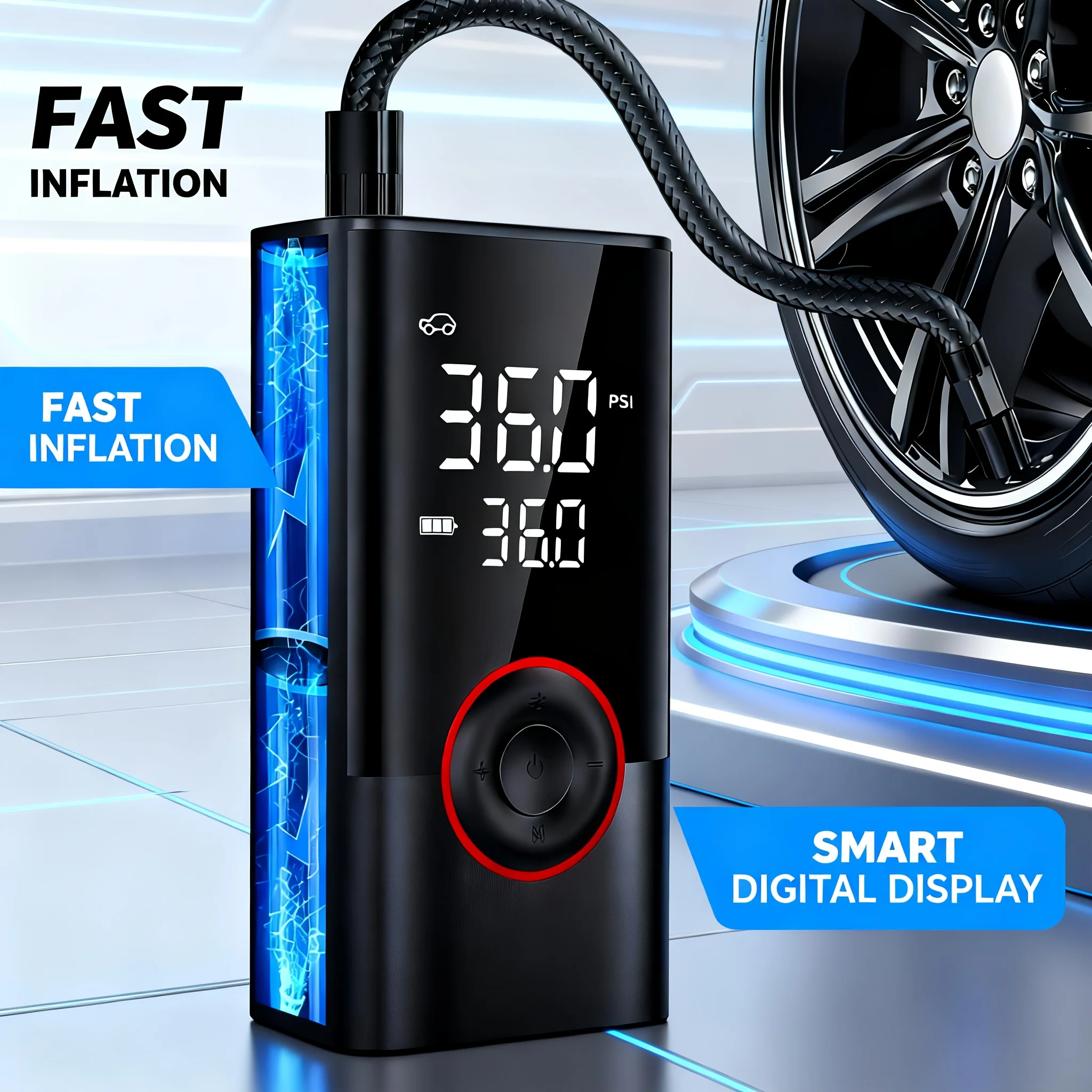 

[3X Fast, Cordless Tire Inflator] Cordless Tire Inflator | Portable Air Compressor with Digital Gauge & LED Light, USB Rechargea