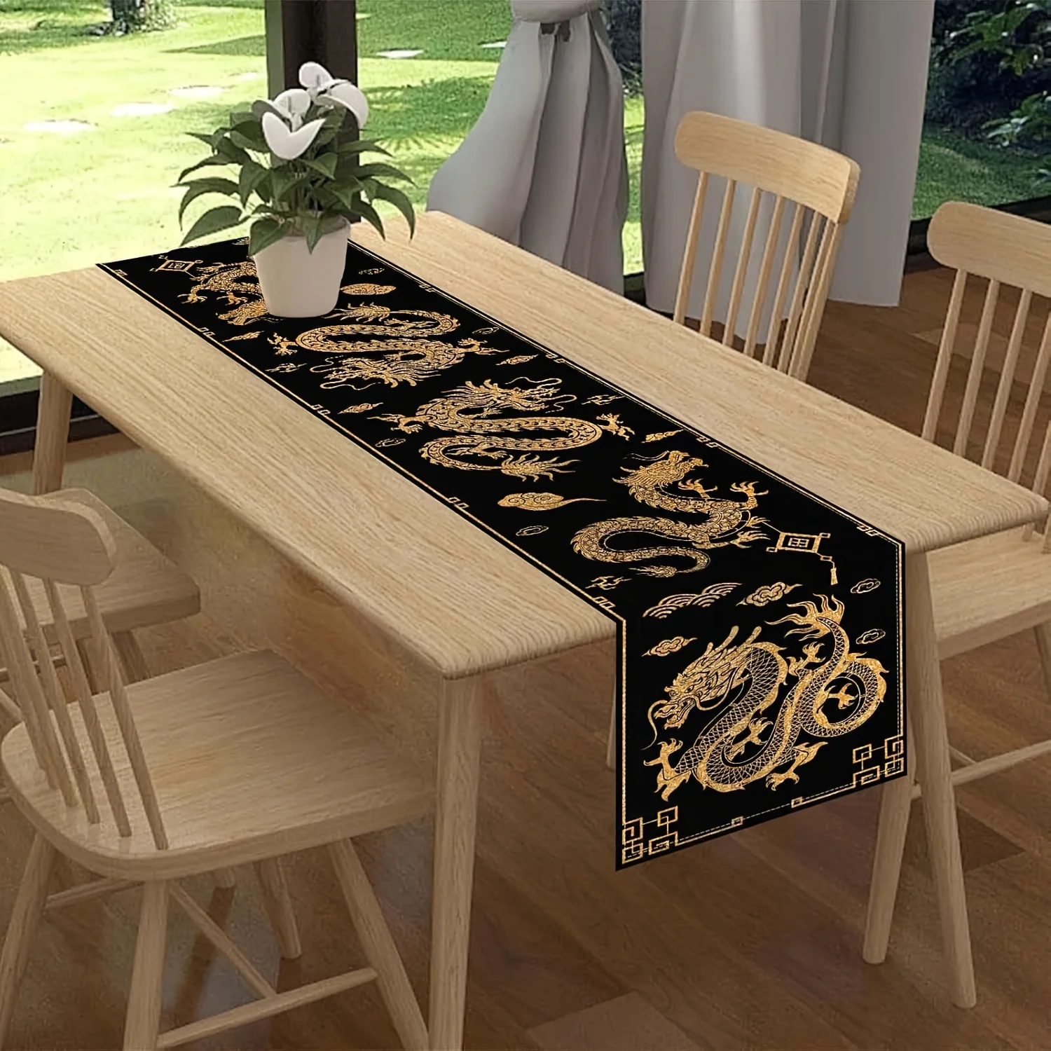 Lunar New Year Traditional Chinese Dragon Table Runner - Black Golden Linen Multi-Size Indoor Outdoor Party Decor