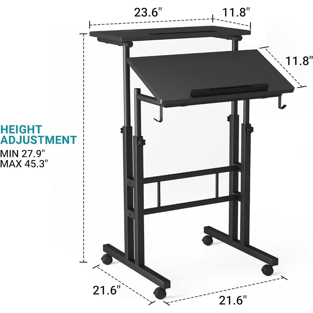 Altura ajustável em pé Desk com suporte para copo, preto, portátil, fácil de mover, ideal para casa ou escritório