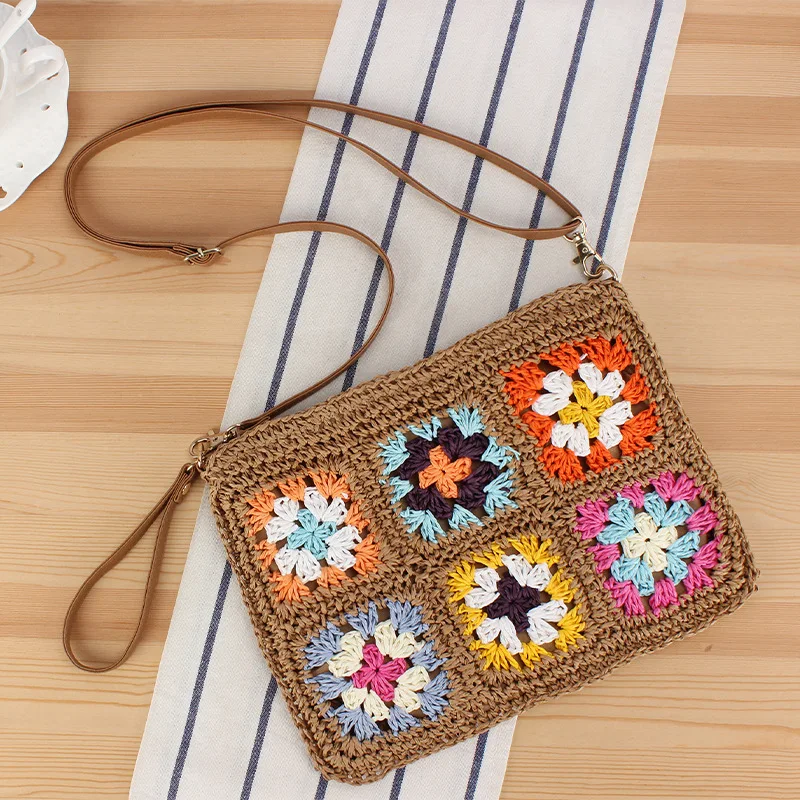 

Retro flower slung handbag shoulder paper rope crochet bag flip national wind clutch bag