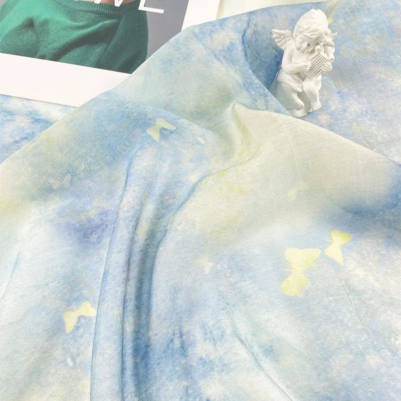 The skirt fabric is made of soft semi-transparent dreamy purple-blue tie-dyed starry printed linen