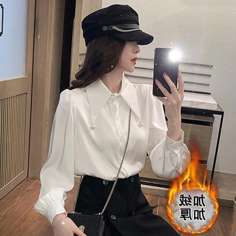 

Winter Fleece Lined White Shirt Women Long Sleeve Thick Warm French Style Office Blouse Elegant Workwear