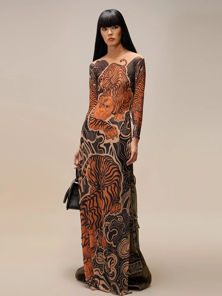 Kliou Vintage Folk พิมพ์ผู้หญิง Maxi เสื้อยืดแฟชั่นน่าสนใจแขนยาวแยกเสื้อยาวหญิงฤดูใบไม้ผลิใหม่ Tees