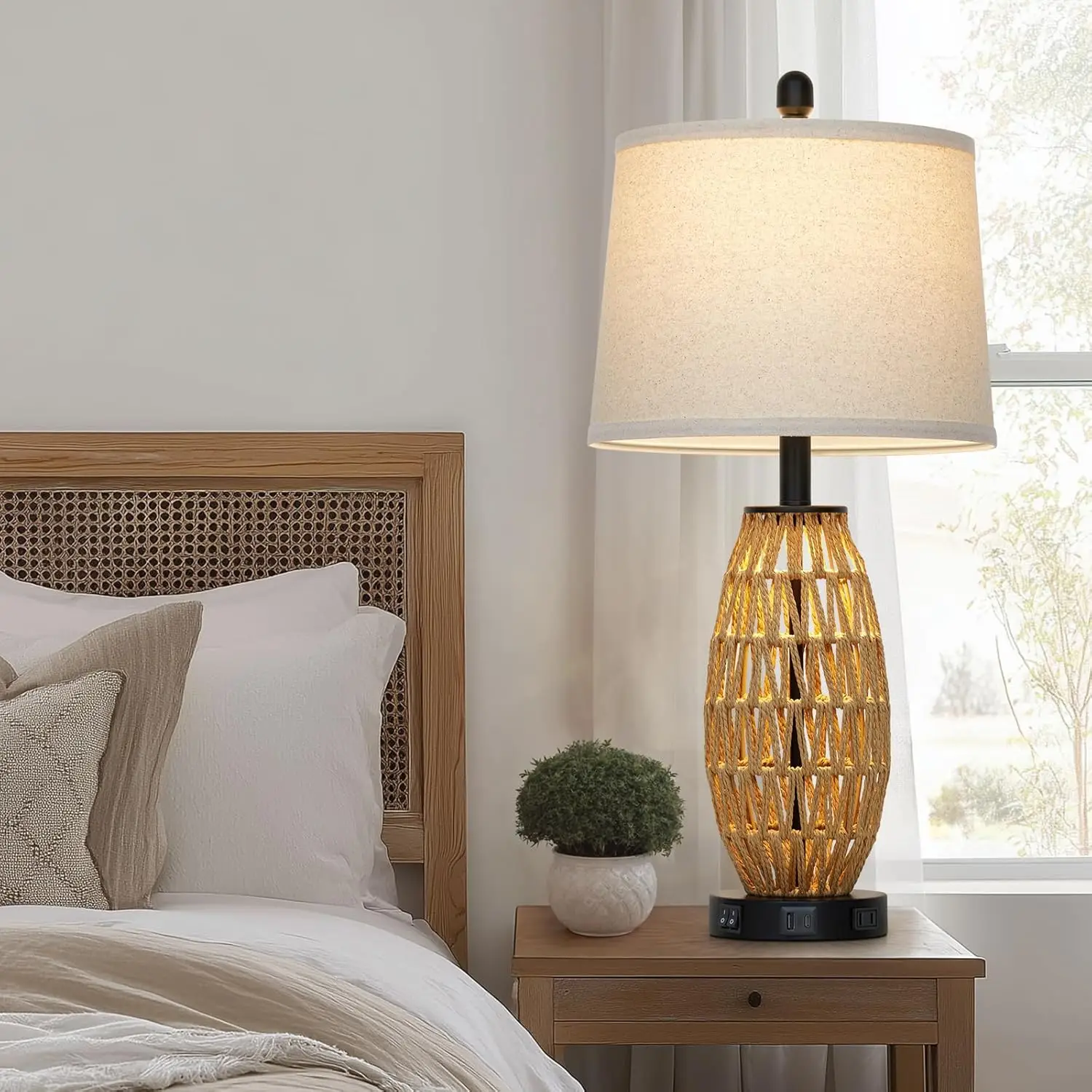 27" Boho Rattan Table Lamp with USB Charging, AC Outlet, Night Light for Bedroom and Living Room