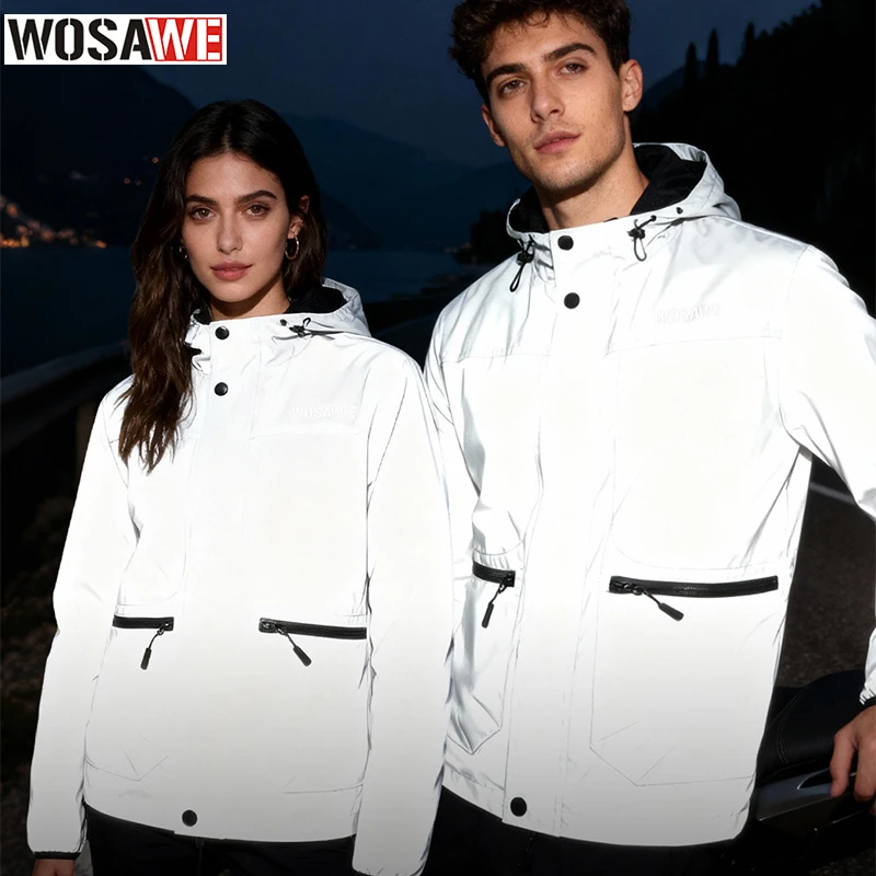 

WOSAWE Motorcycle Riding Full Reflective Hooded Jacket, Hiking Night Riding Night Running Charge Carry-on Sports Jacket #
