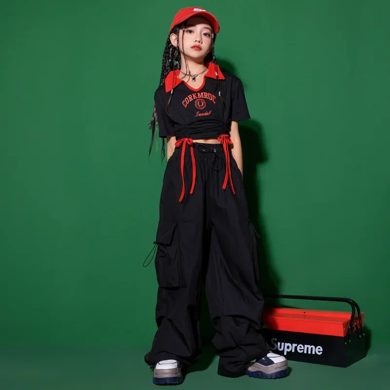 Roupa de Hip Hop Infantil, Preto, Ruched, Decote V, Top Recortado, Camiseta, Vermelho, Casual, Bolso Largo, Calças cargo, Menina, Fantasia de Jazz Dance, Roupa