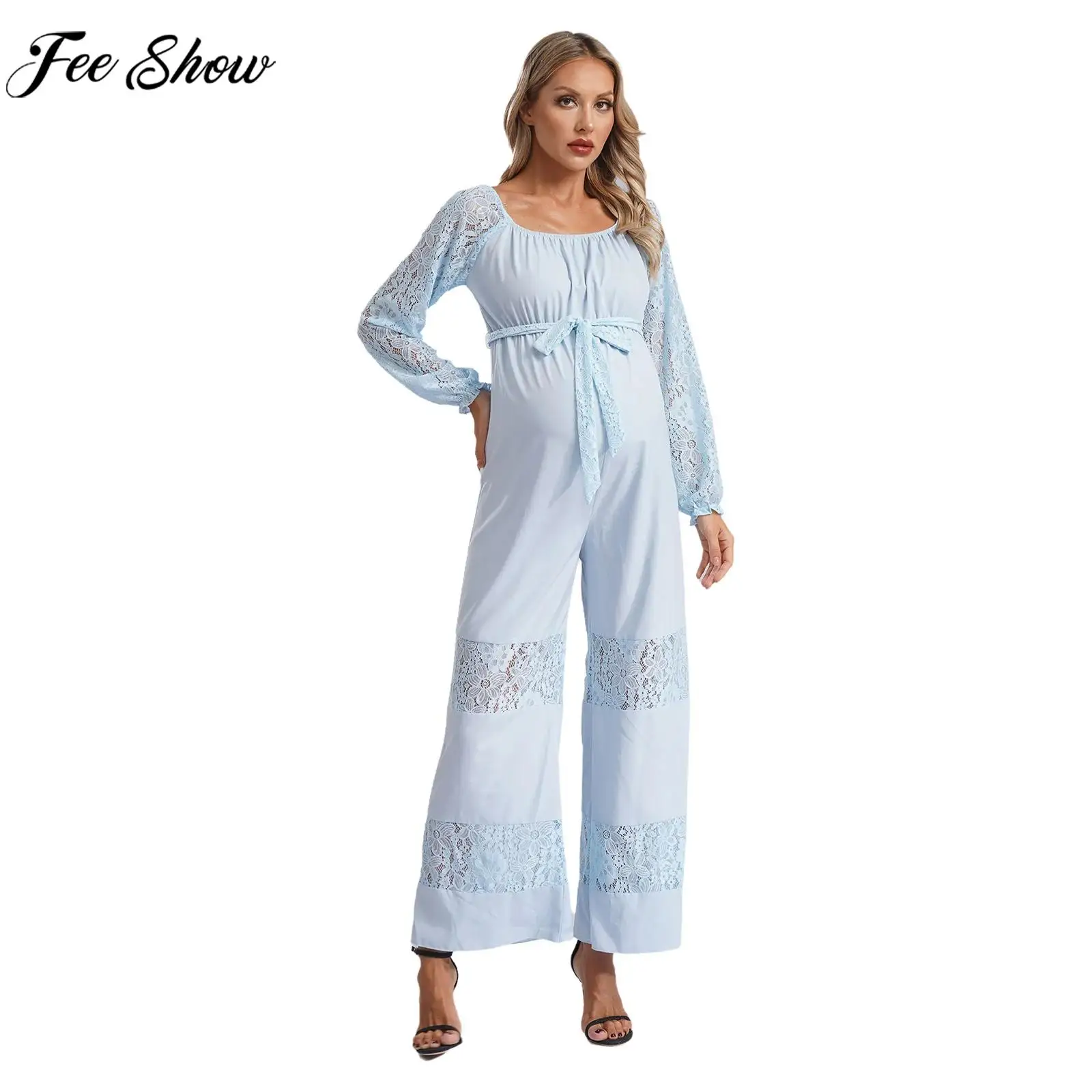 

Maternity Long Sleeve Hollow Out Lace Loose Wide Leg Jumpsuit with Belt Pregnant Woman Wedding Party Prom Photography Costume