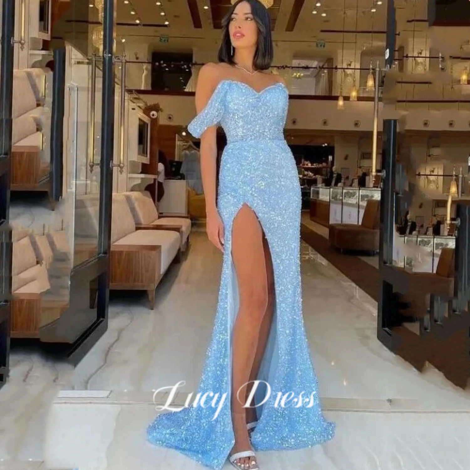 

Lucy Pink Prom Dresses Glitter V-neck Evening Dress Puff Sleeve High Split Saudi Arabia Dubai Cocktail Party Gown Plus Size